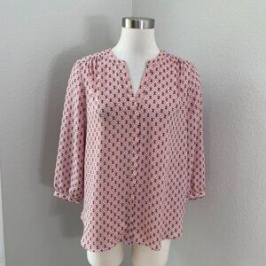 NYDJ Womens Small Pink Brown Geometric Blouse 3/4 Sleeve Shirt Pleated Back